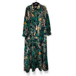 Chico's Size 4 (US 20) Printed Shirt Dress Green Black Gold Button Front